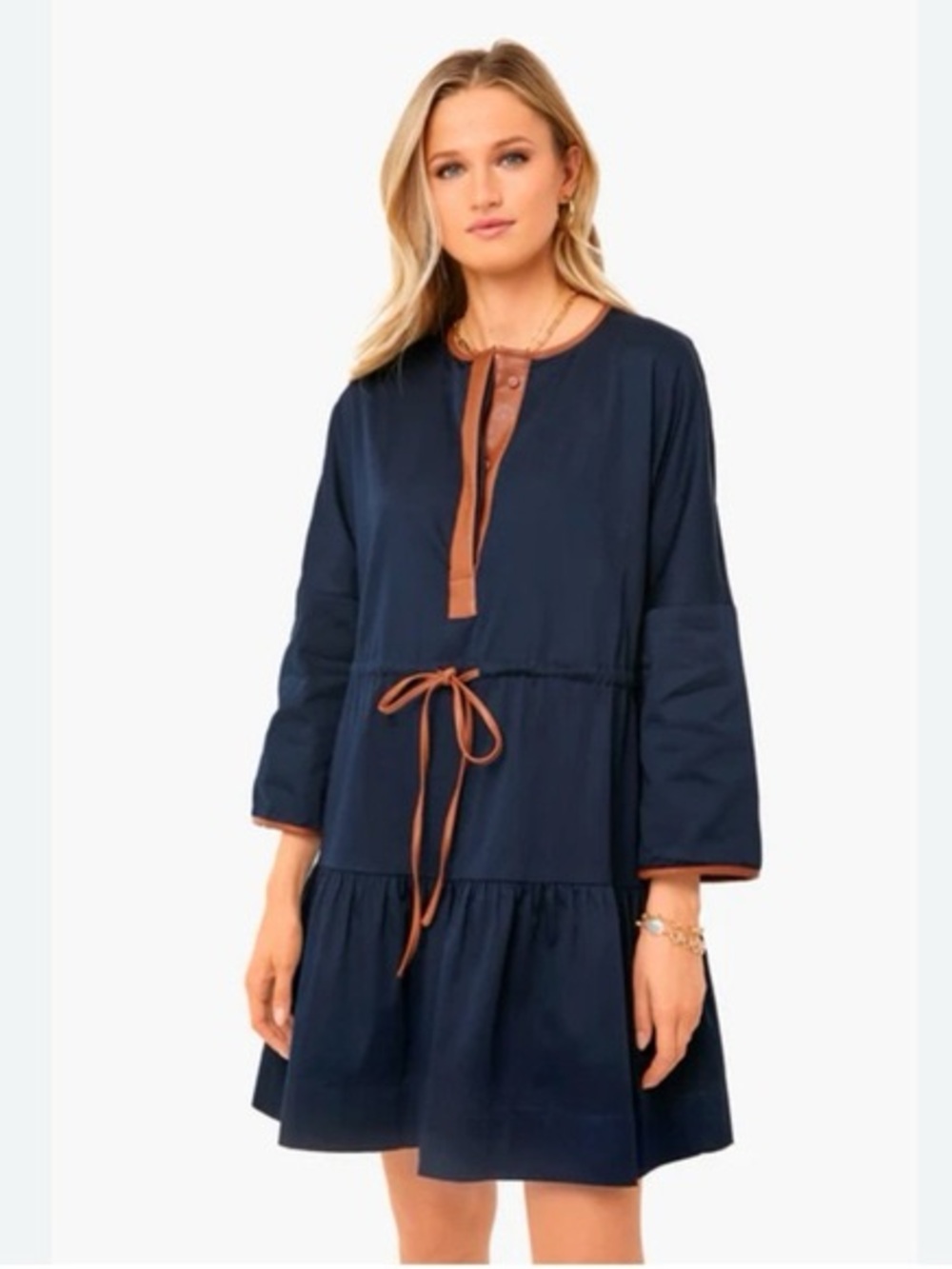 Tuckernuck Navy Long-Sleeve Tiered Dress with Tan Trim